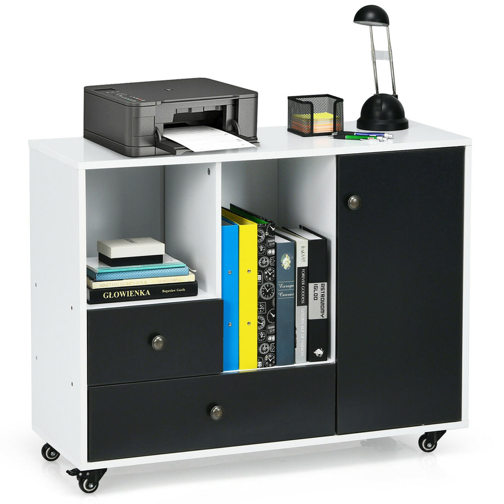 Lateral mobile filing cabinet in black with 2 drawers, 2 shelves, and wheels for easy mobility in office or home use.