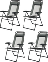 Set of four gray adjustable reclining folding chairs with headrests, perfect for patio, garden, or camping use.