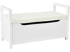 Shoe storage bench with removable cushion seat, white MDF construction, perfect for entryway organization.