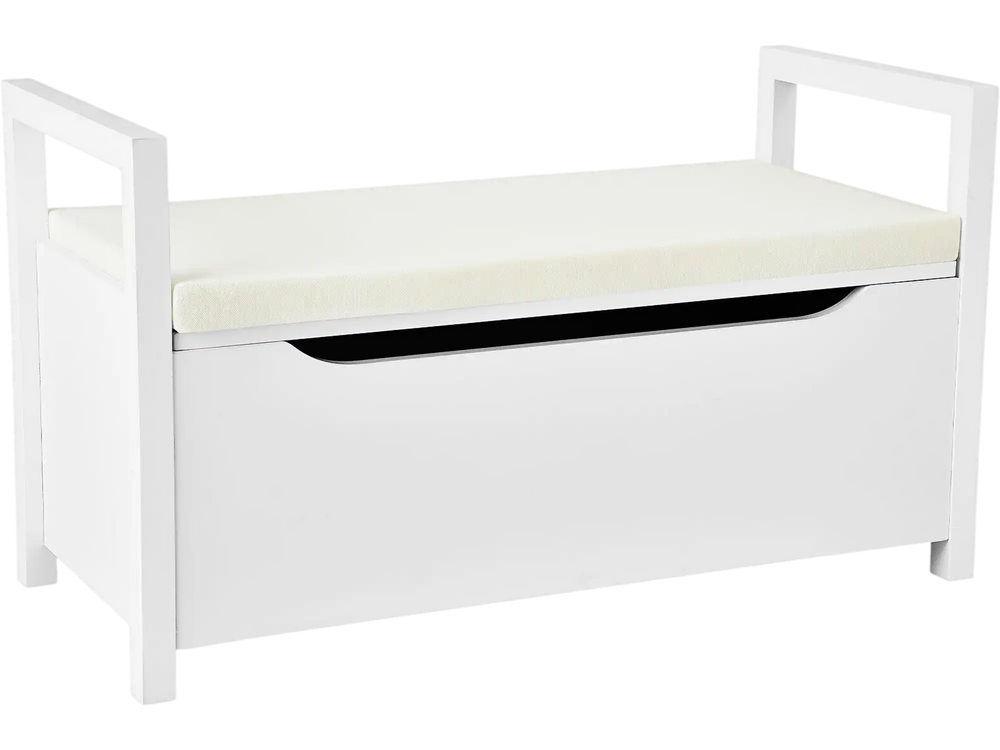 Shoe storage bench with removable cushion seat, white MDF construction, perfect for entryway organization.