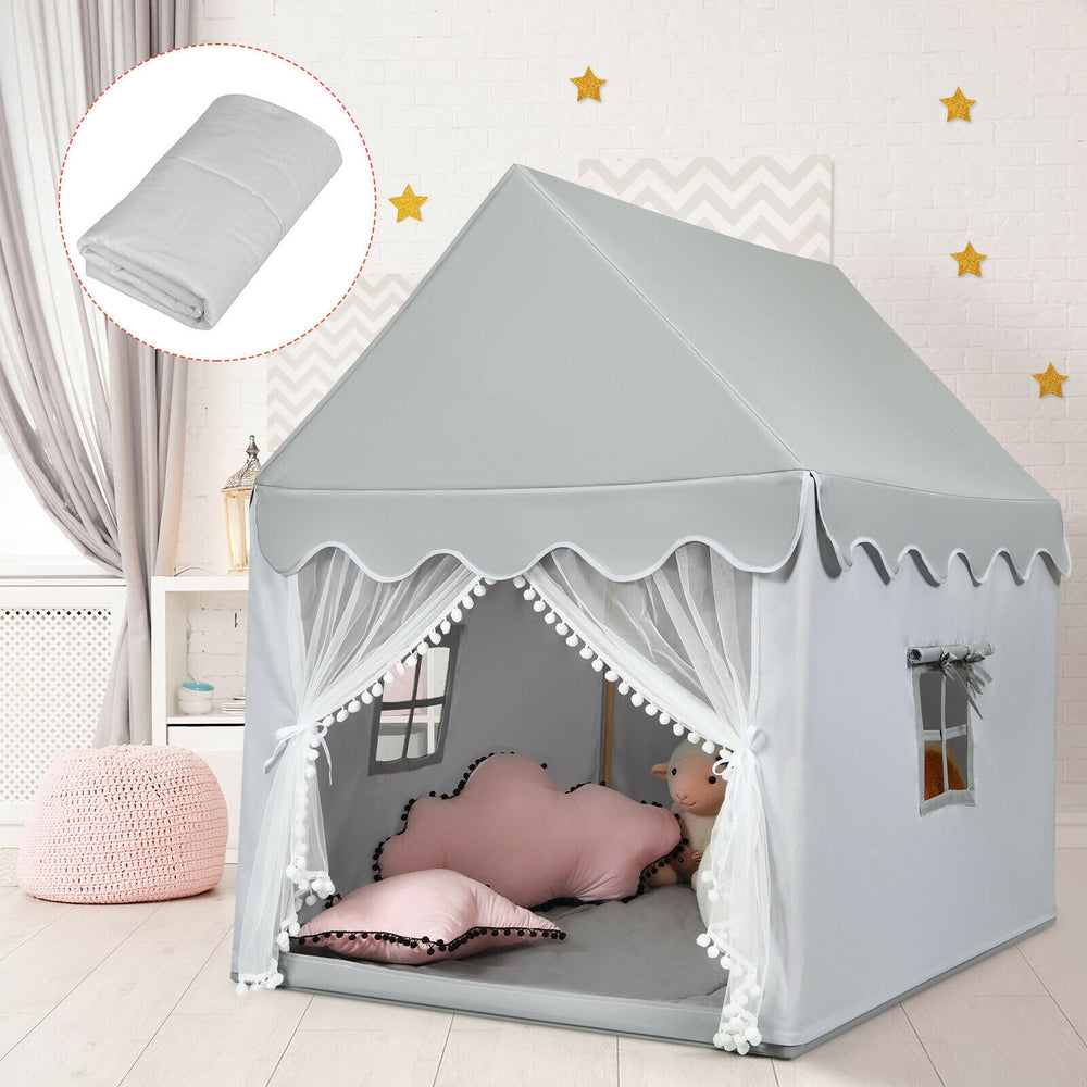 Large gray kids' play castle tent with soft mat, ideal for indoor and outdoor fun, featuring windows and a mesh curtain.