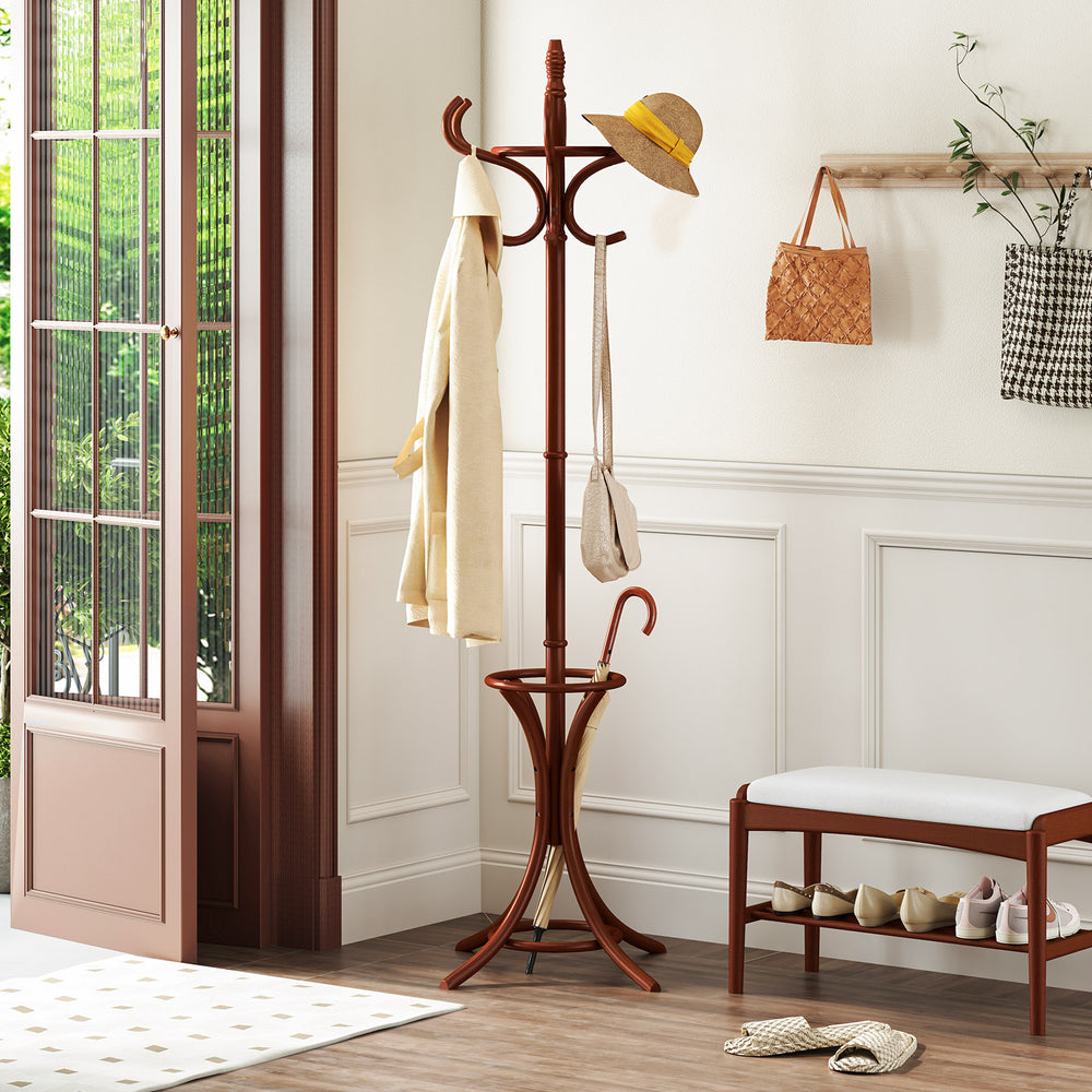 Wood Standing Hat Coat Rack with Umbrella Stand-Brown - Gallery View 1 of 10