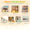 Wooden dollhouse showcasing diverse rooms, complete with furniture, figures, and interactive features for imaginative.