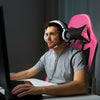 Gaming chair in pink with USB massage lumbar pillow, adjustable armrests, and retractable footrest for ultimate comfort.