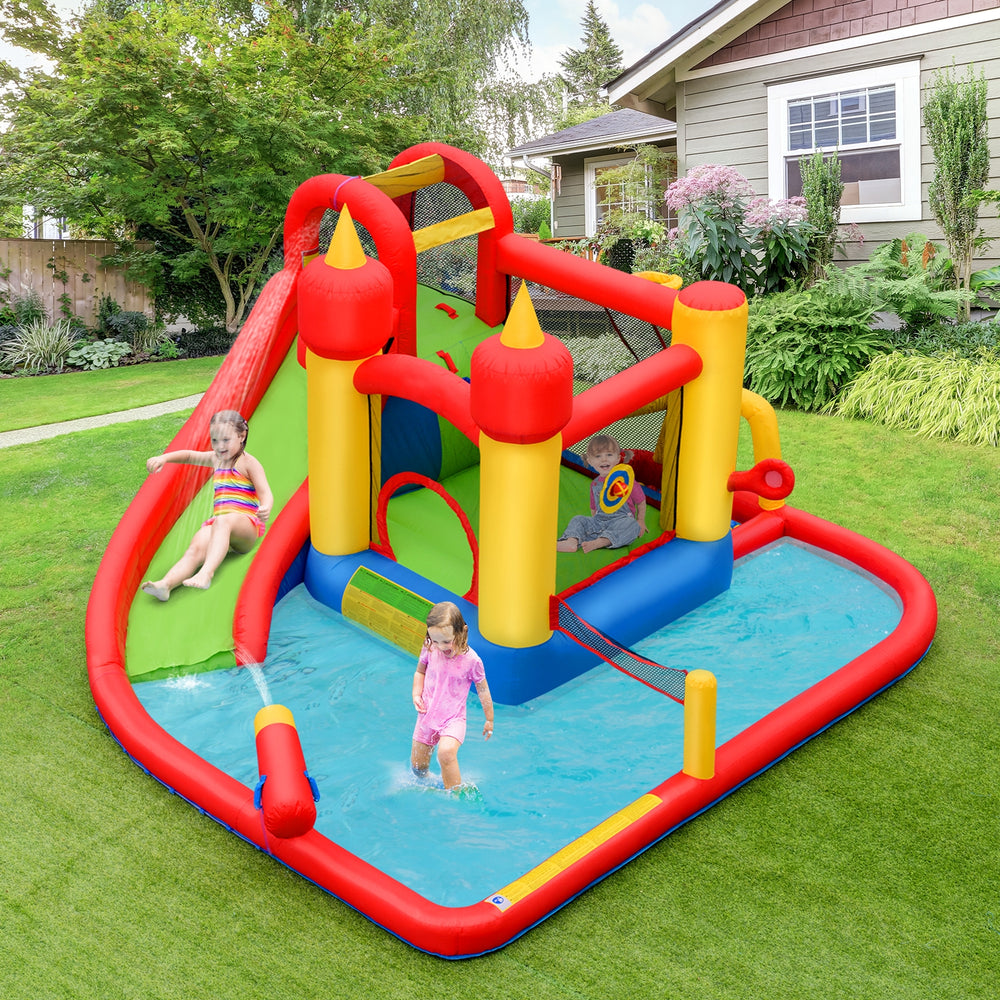 Inflatable water slide bounce house with climbing wall and splash pool, perfect for summer fun and safe play for kids.