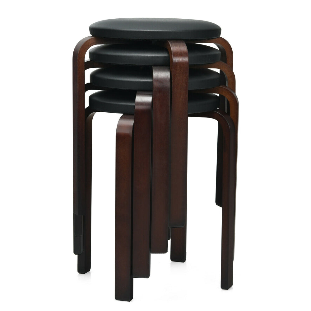 Single stackable bentwood round stool with padded black seat, featuring sturdy birch legs and non-slip foot pads for.