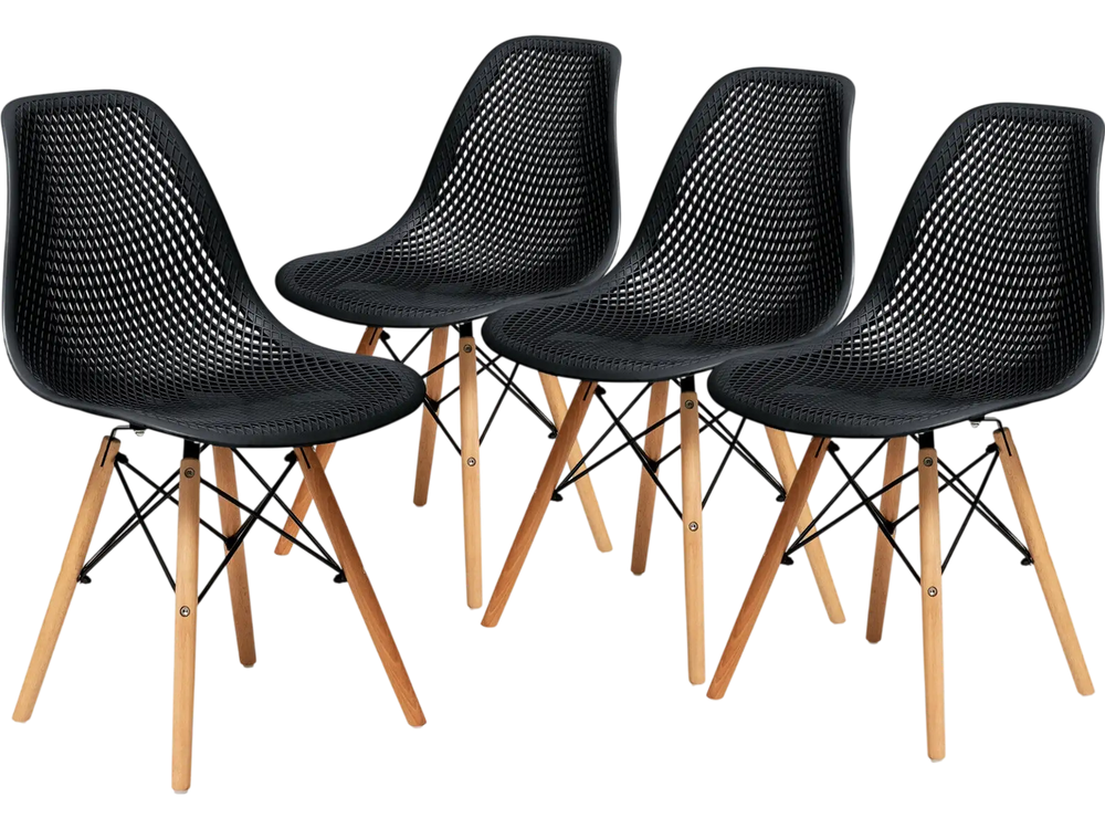 Set of four black modern plastic hollow chairs with beech wood legs, perfect for dining rooms or office spaces.