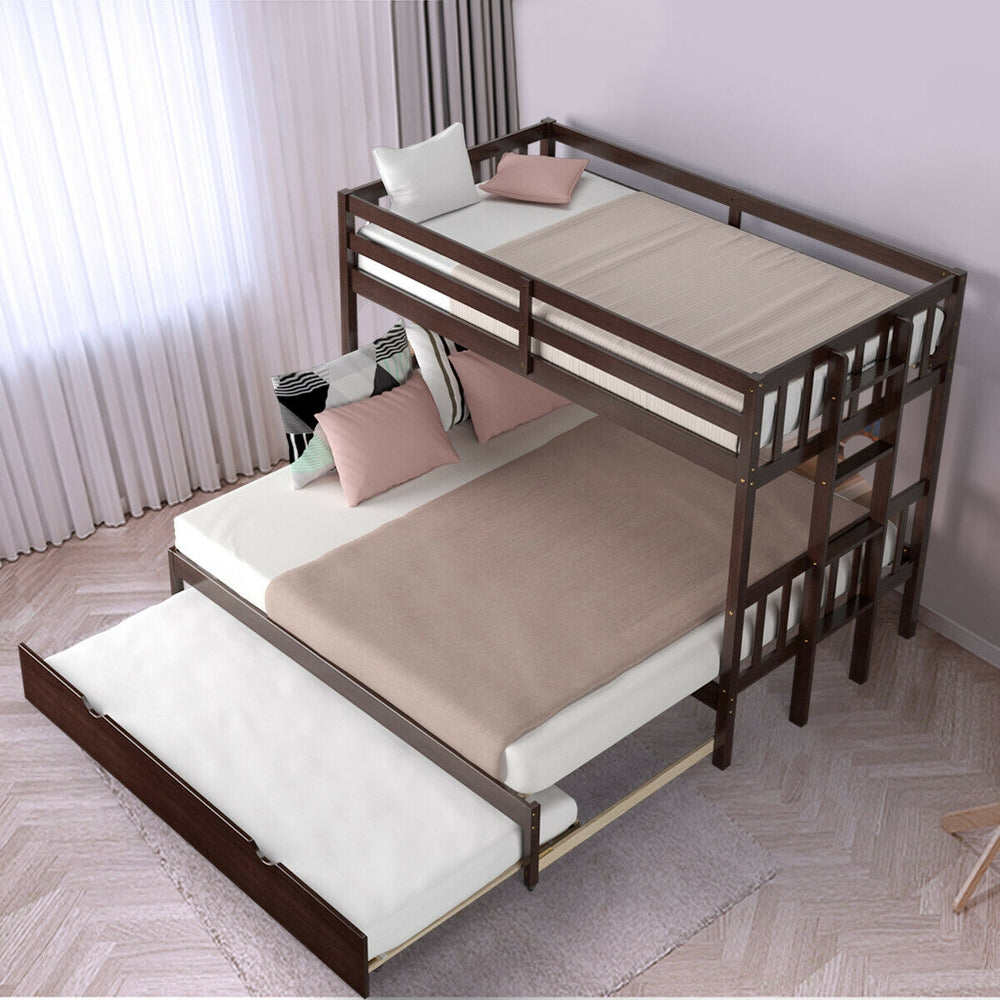 Twin Pull-Out Bunk Bed with Trundle Wooden Ladder-Espresso - Gallery View 1 of 11
