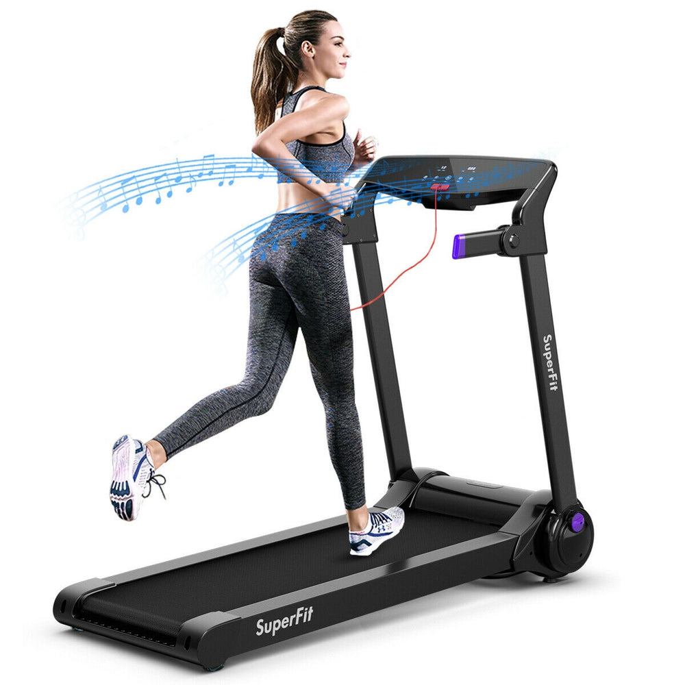Folding treadmill with Bluetooth speaker, featuring a digital display and a wear-resistant running belt for comfortable.