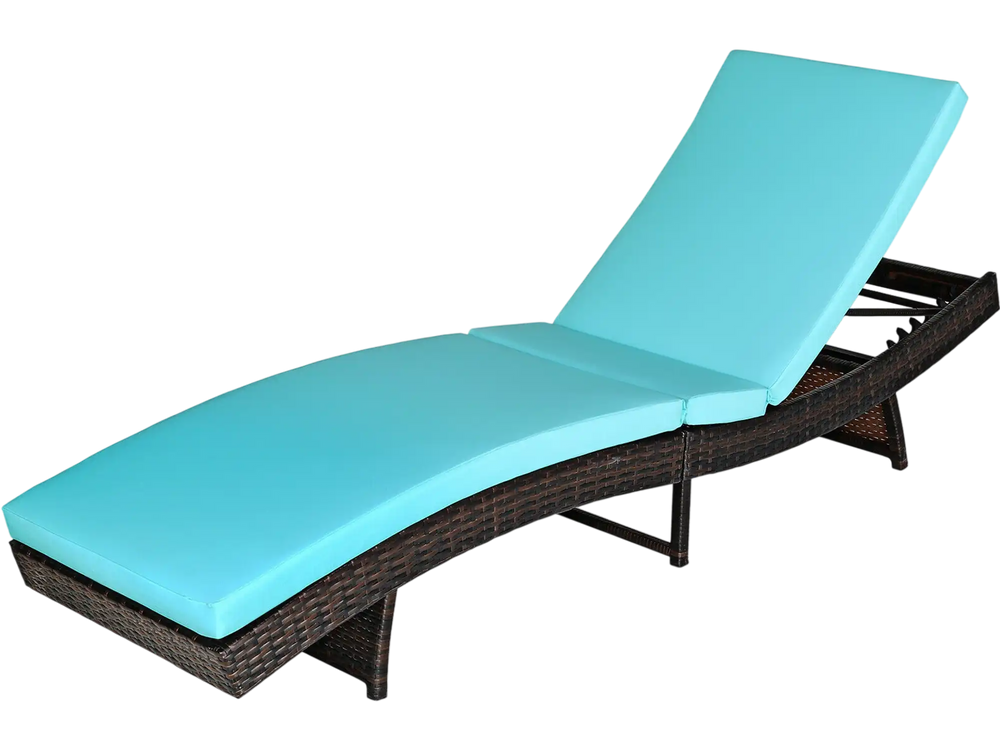 Turquoise patio folding adjustable rattan chaise lounge chair with thick cushion, perfect for garden and poolside.
