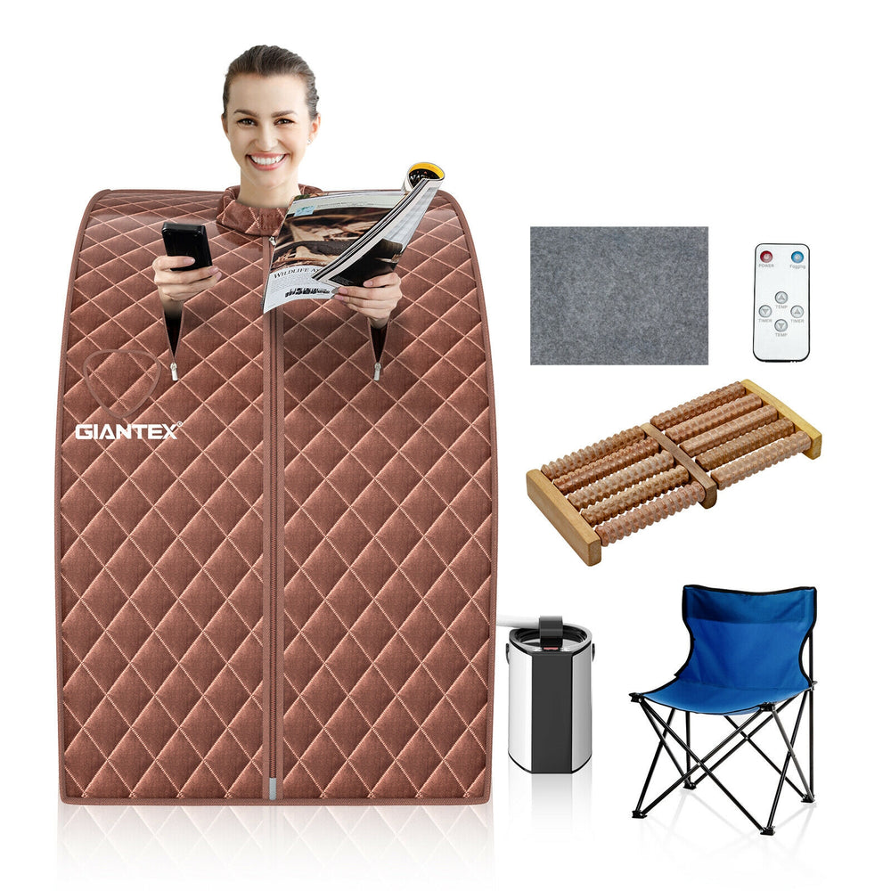 Portable personal steam sauna with waterproof fabric, remote control, and folding chair for home health care and.