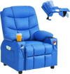 Kids recliner chair in blue with cup holder, footrest, and side pockets for storage, perfect for home theater or living.