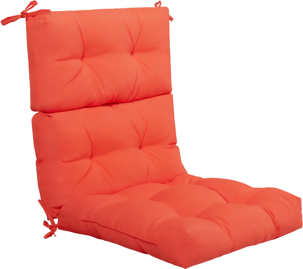 Tufted outdoor patio chair seating pad in orange, featuring premium sponge, suede surface, and non-slip string ties.