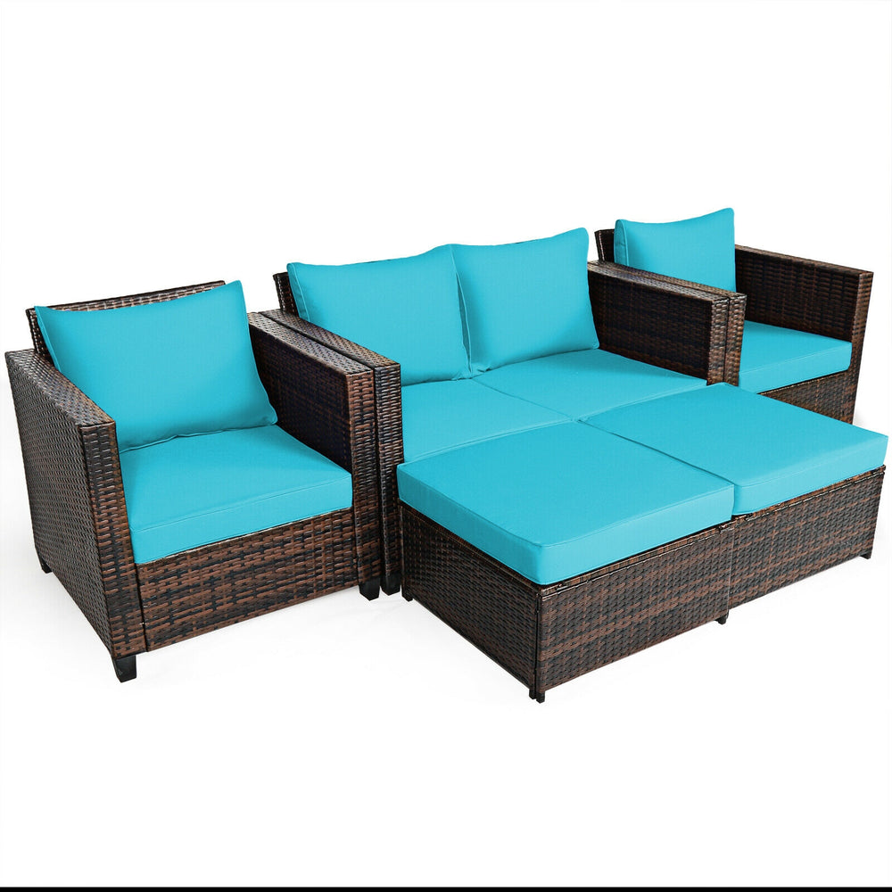 5-piece patio furniture set in turquoise featuring a loveseat, 2 sofas, and 2 ottomans for outdoor relaxation.