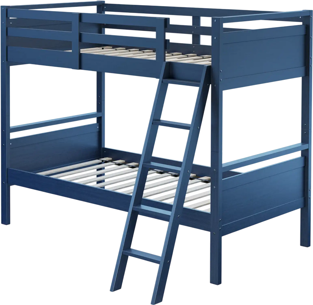Navy twin over twin bunk bed with high guardrails and inclined ladder, convertible to two individual beds for versatile.