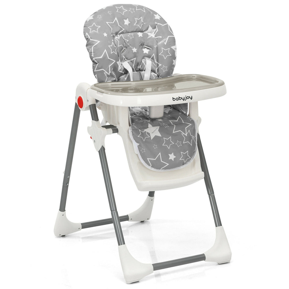 Folding baby high dining chair in gray with 6 height adjustments and removable soft cushion for comfortable feeding.