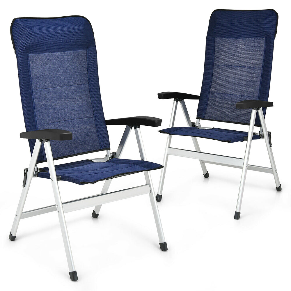 Two blue patio dining chairs with adjustable backrests, made of aluminum and iron, designed for outdoor comfort.