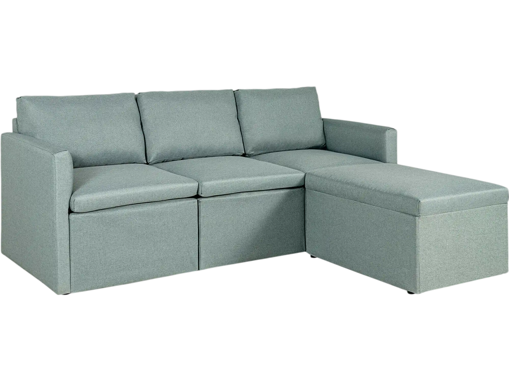 Convertible L-shaped sectional sofa in green with reversible chaise, featuring soft linen fabric and thick cushions for.