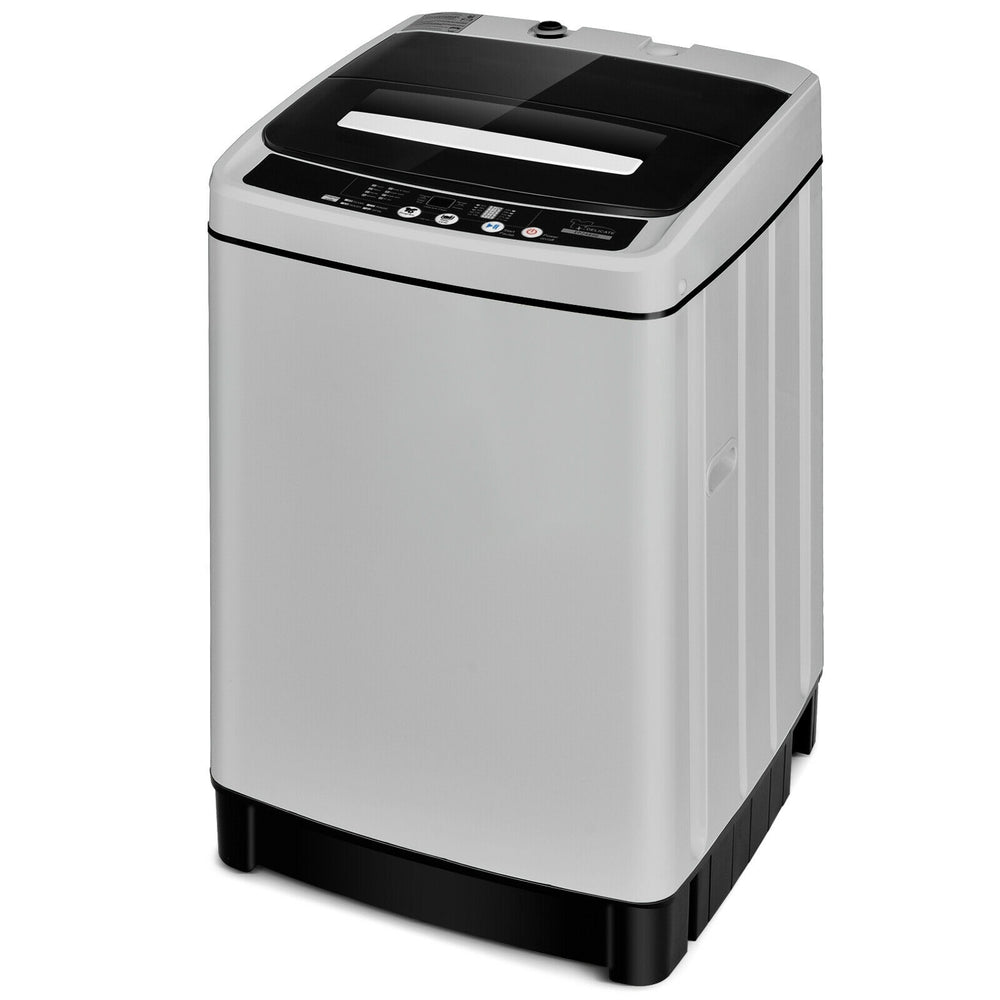 Full-automatic washing machine in gray with 1.5 cu.ft capacity, stainless steel inner barrel, and clear control panel.