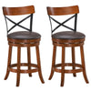 Set of 2 swivel bar stools with rubber wood legs, curved backrest, and soft cushion for comfort in kitchens or bars.