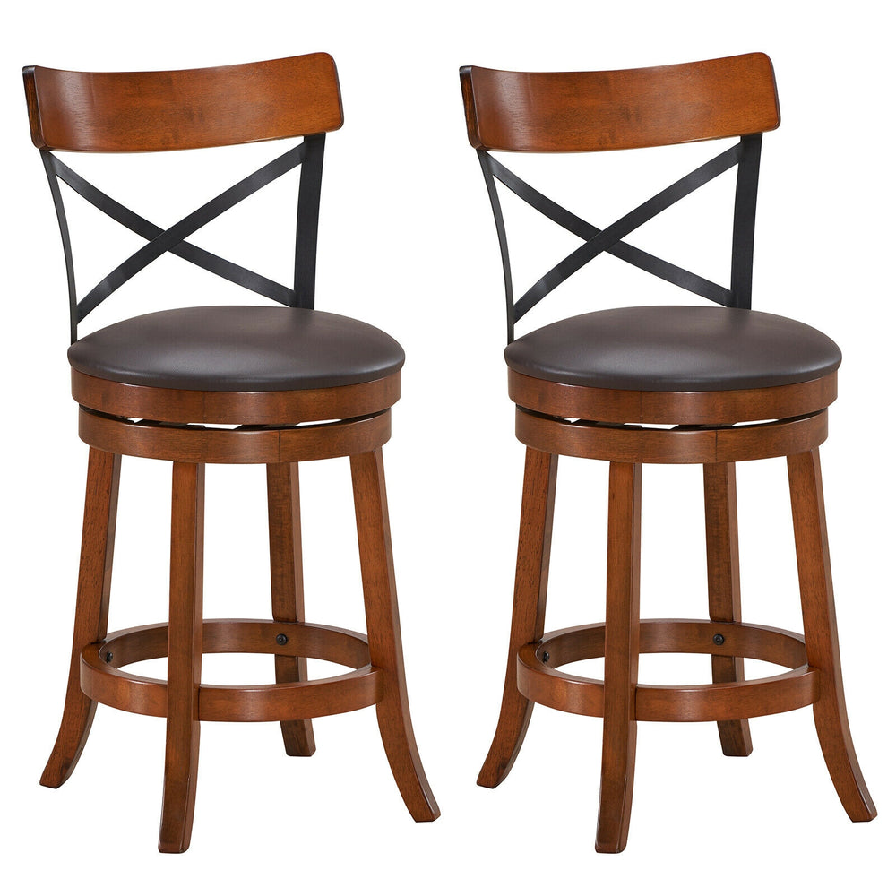 Set of 2 swivel bar stools with rubber wood legs, curved backrest, and soft cushion for comfort in kitchens or bars.