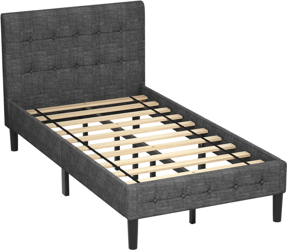 Twin platform bed with gray button tufted headboard and sturdy construction, ideal for modern bedroom decor.