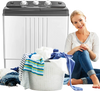 Portable semi-automatic twin-tub washing machine with compact design, perfect for apartments and RVs, shown with.