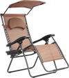 Folding recliner lounge chair in brown with adjustable canopy and cup holder, perfect for outdoor relaxation.