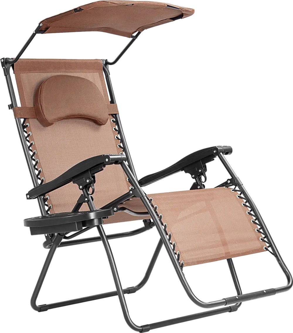 Folding recliner lounge chair in brown with adjustable canopy and cup holder, perfect for outdoor relaxation.