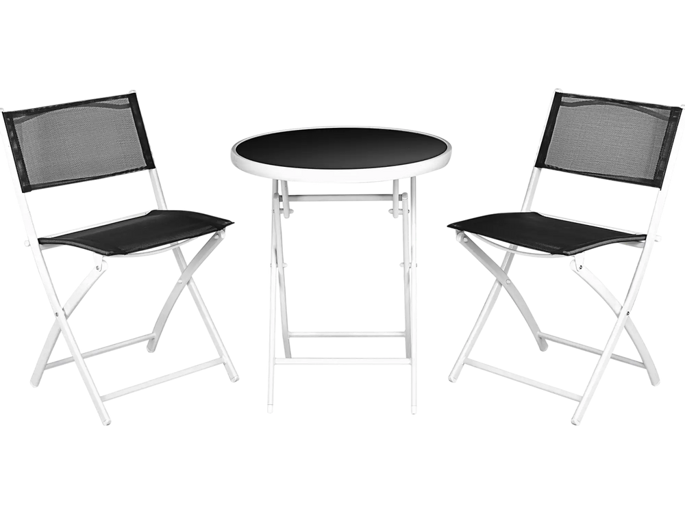 Black 3-piece patio folding bistro set with two chairs and a glass-top table, ideal for outdoor spaces.