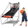 Foldable double electronic basketball game featuring a sturdy gray frame, two hoops, and four basketballs for engaging.