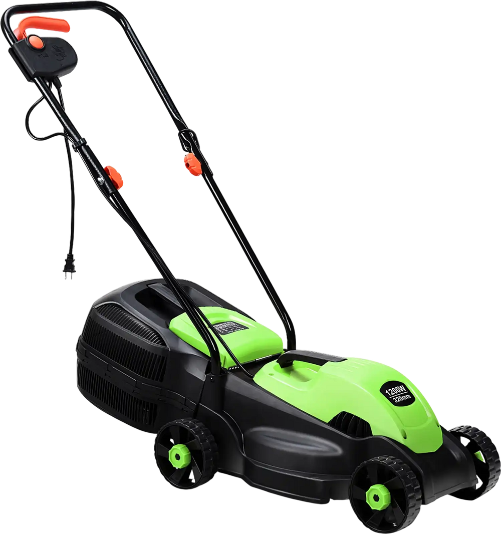 13-inch electric push lawn mower in green with ergonomic handle and grass bag for easy lawn maintenance.