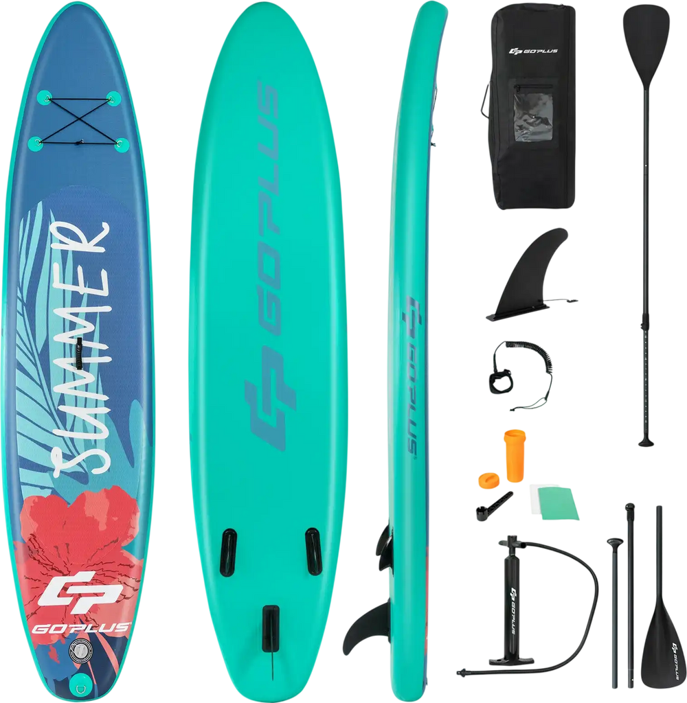 10-foot inflatable stand-up paddle board in teal with floral design, includes paddle, fins, and carrying bag for water.