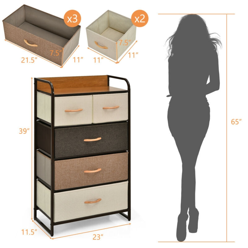 4-tier organizer tower with a steel frame, wooden top, and 5 multicolor drawers for versatile storage in any room.