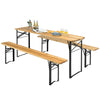 Folding wooden picnic table and bench set with natural wood grain, sturdy X-shaped structure, ideal for indoor and.
