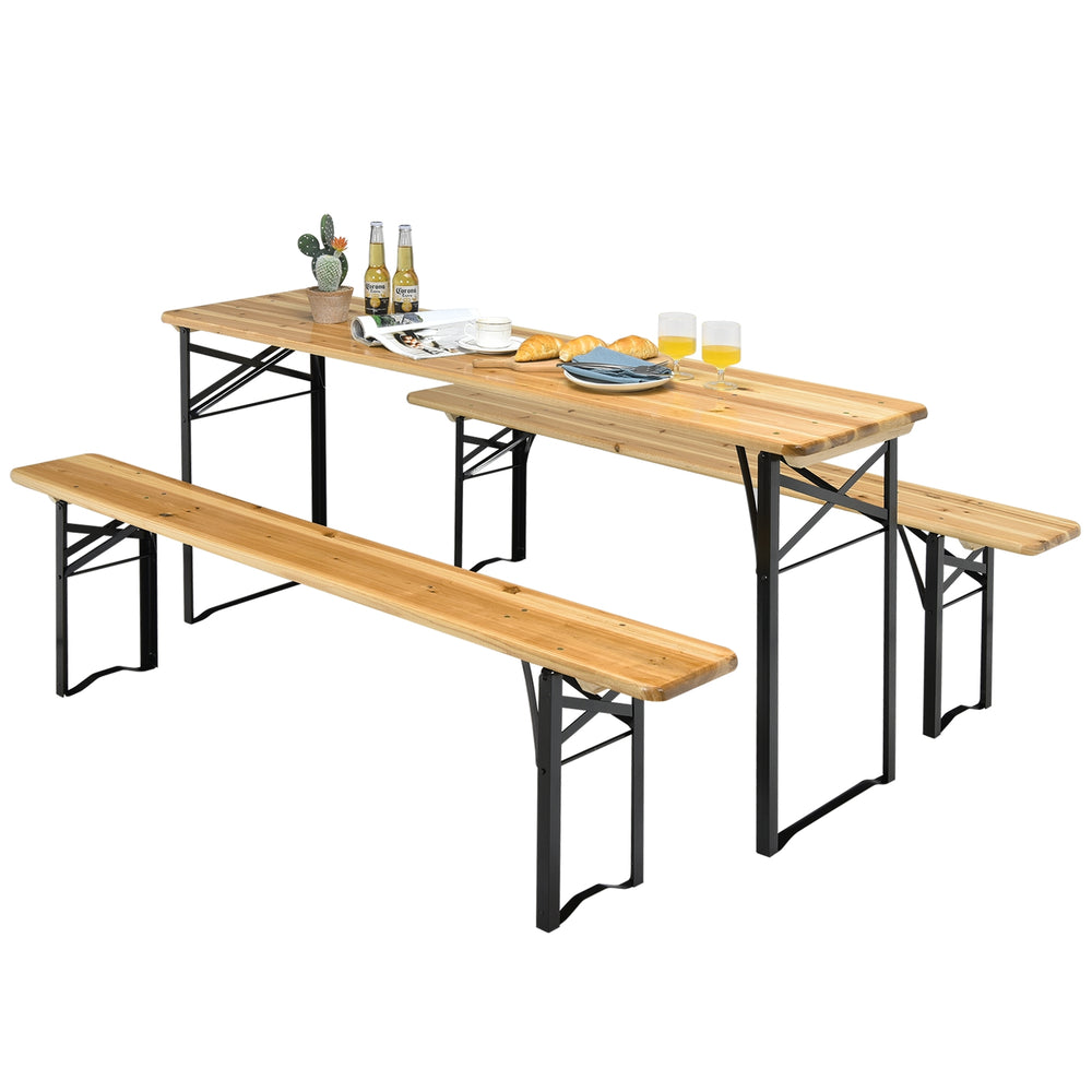 Folding wooden picnic table and bench set with natural wood grain, sturdy X-shaped structure, ideal for indoor and.