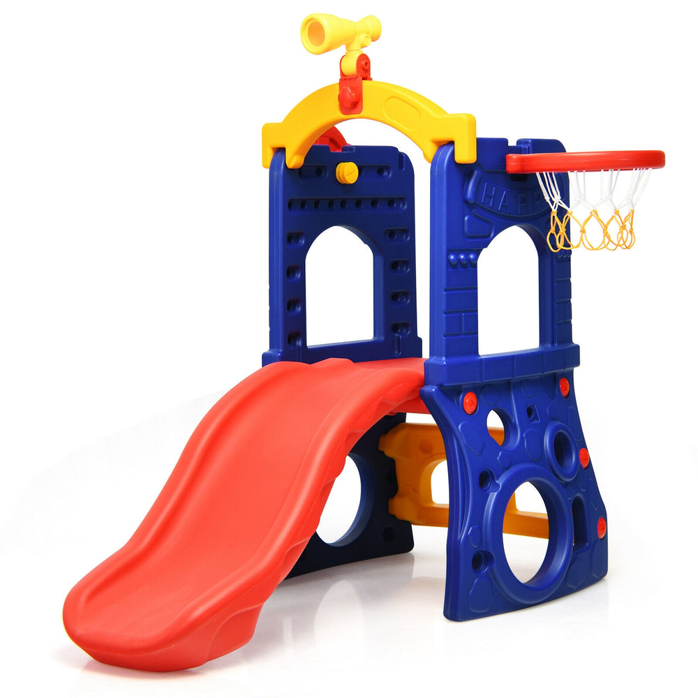 Freestanding kids slide with basketball hoop, made of non-toxic HDPE, designed for indoor and outdoor fun.