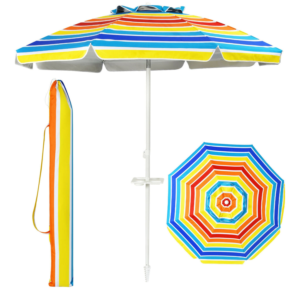 Multicolor 7.2ft portable beach umbrella with tilt mechanism and sand anchor, perfect for beach, patio, or poolside use.