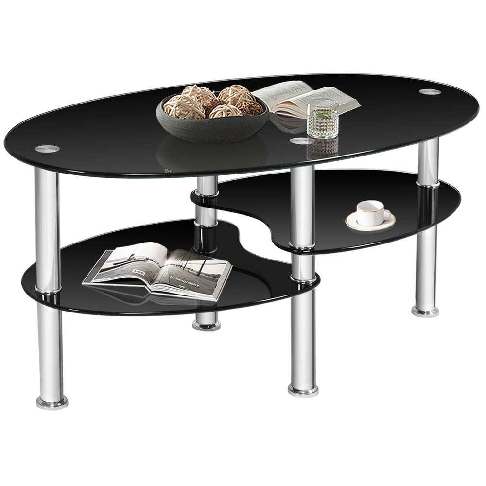 Oval black tempered glass coffee table with two bottom shelves, perfect for living room storage and elegant decor.