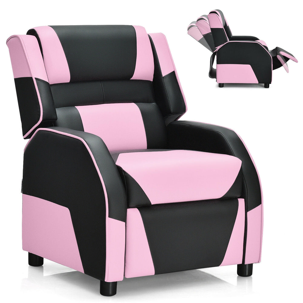 Kids youth gaming sofa recliner in pink and black PU leather with adjustable backrest and footrest for comfort.