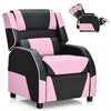 Kids youth gaming sofa recliner in pink and black PU leather with adjustable backrest and footrest for comfort.