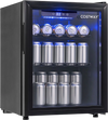 Black beverage refrigerator with glass door, LED lighting and adjustable 36°F to 68°F temperature control, shown stocked with cans.