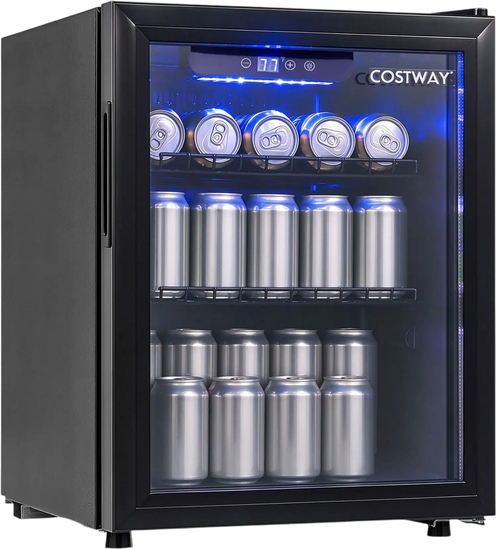 Black beverage refrigerator with glass door, LED lighting and adjustable 36°F to 68°F temperature control, shown stocked with cans.