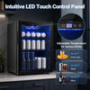 Beverage refrigerator with glass door and built-in LED lights displays adjustable temperature control for various drinks.