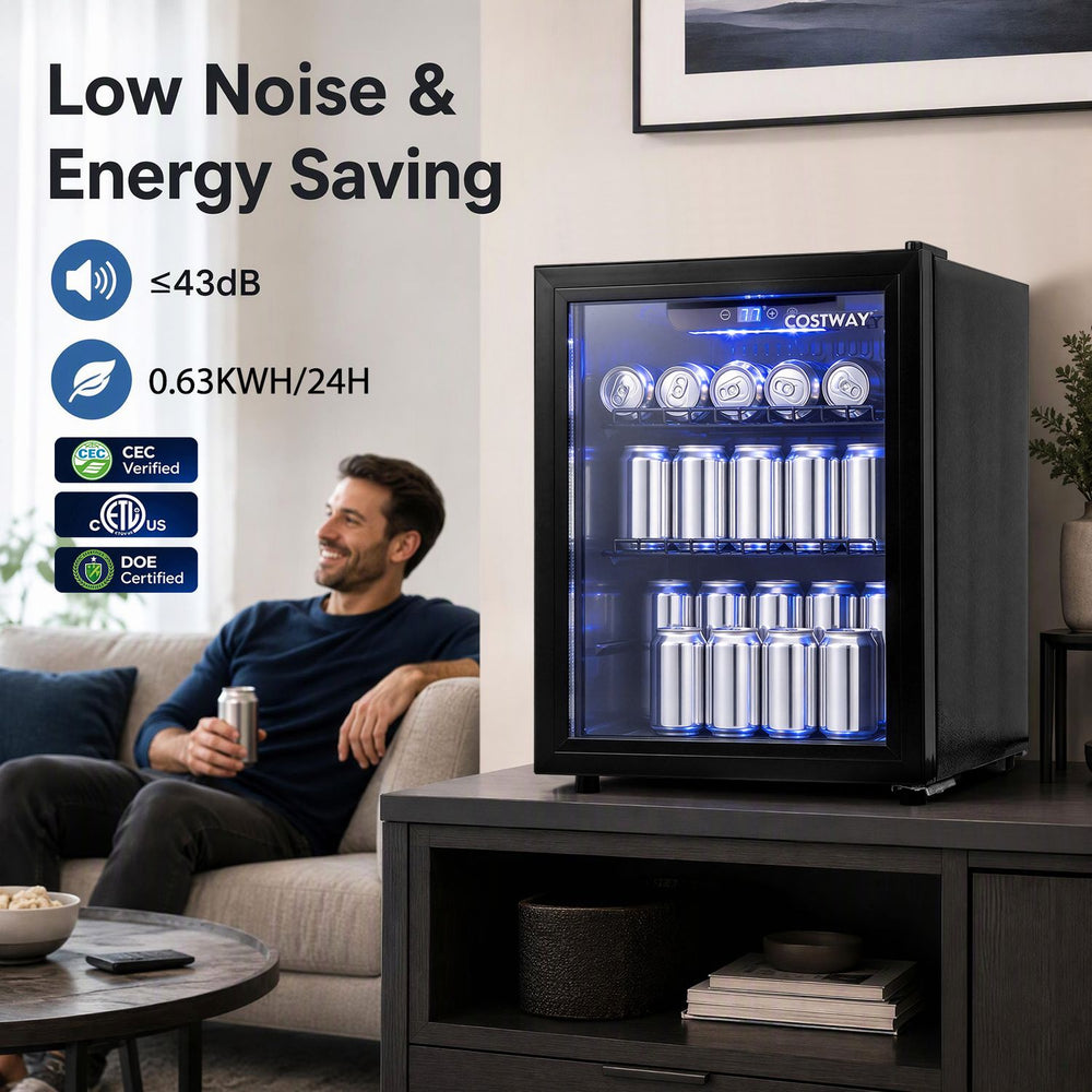Black 1.55 cu.ft beverage refrigerator with glass door, blue LED lighting, and adjustable shelves in a living room.