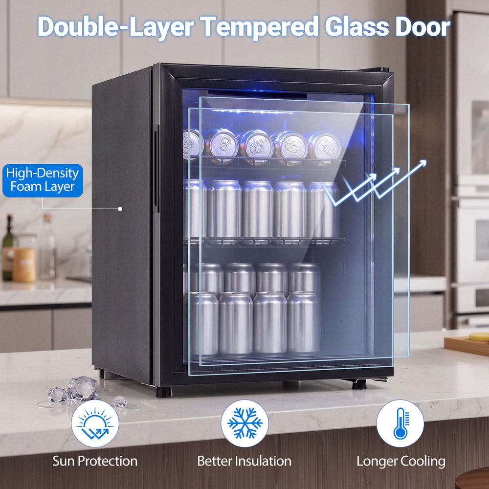 Black beverage refrigerator with double pane tempered glass door, showing layered insulation and temperature protection features.