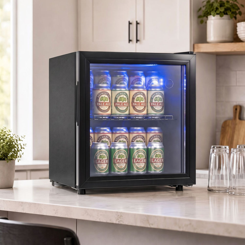 53 Can Mini Fridge with glass door and LED light displays drinks on removable shelves for home or office