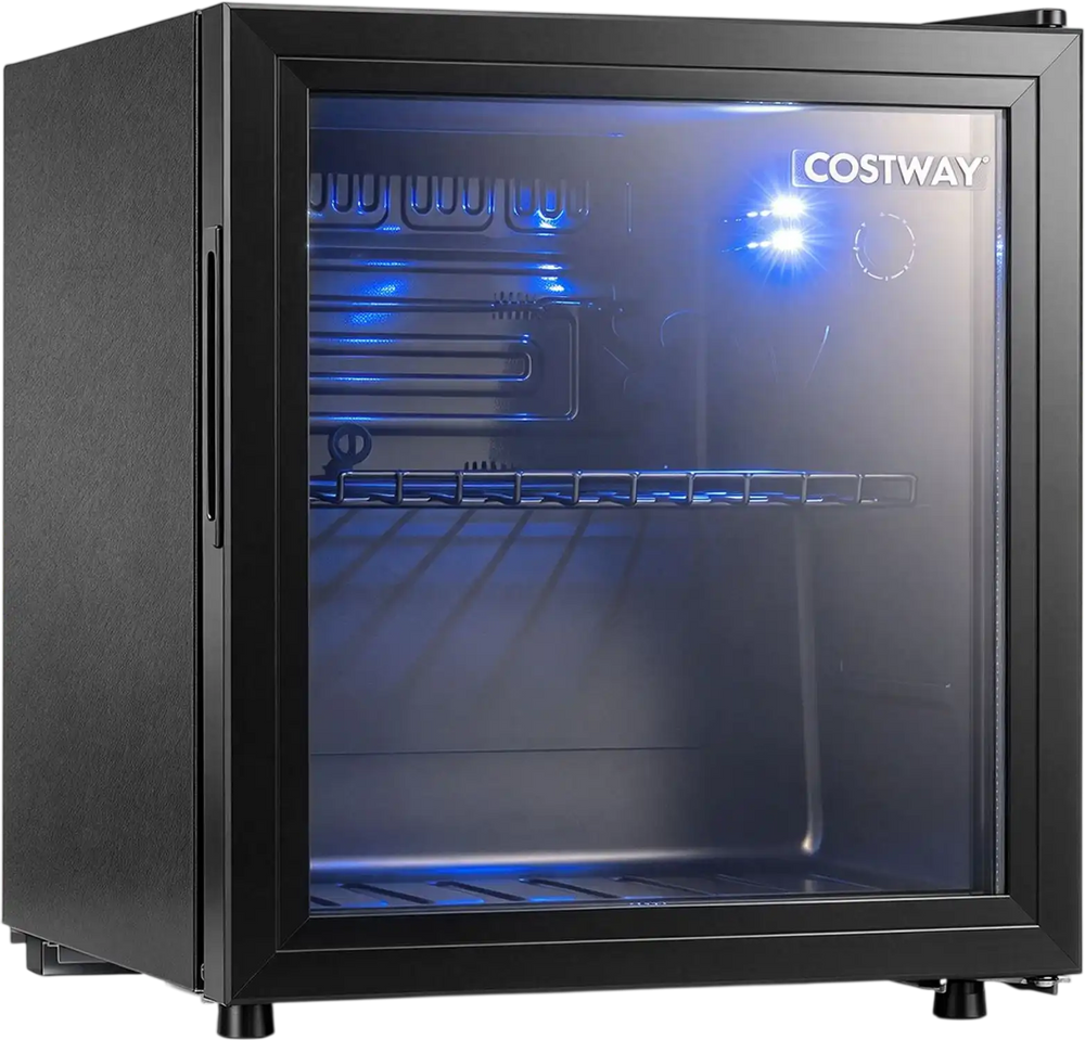 53 Can Mini Fridge with glass door, LED light, and blue interior lighting shown from the front with its door open.