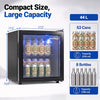 53 Can Mini Fridge shown with glass door open, LED light, and dimensions for countertop drink storage