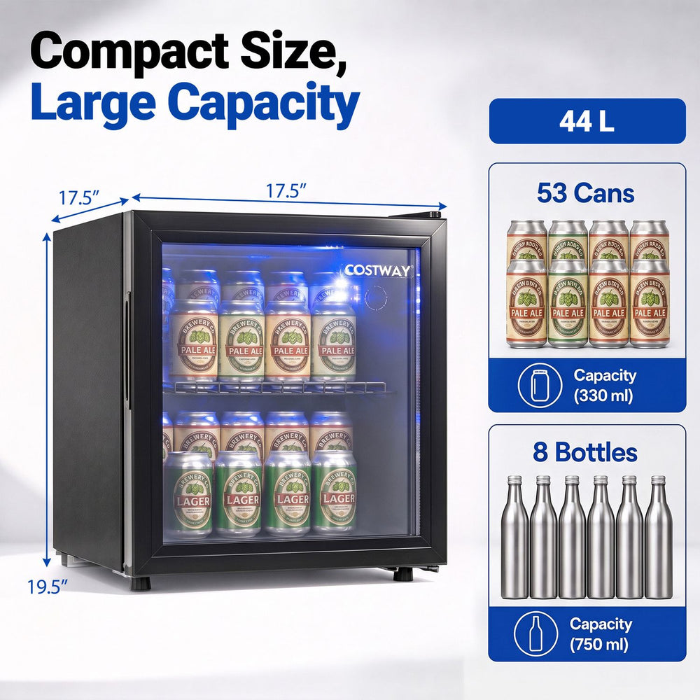 53 Can Mini Fridge shown with glass door open, LED light, and dimensions for countertop drink storage